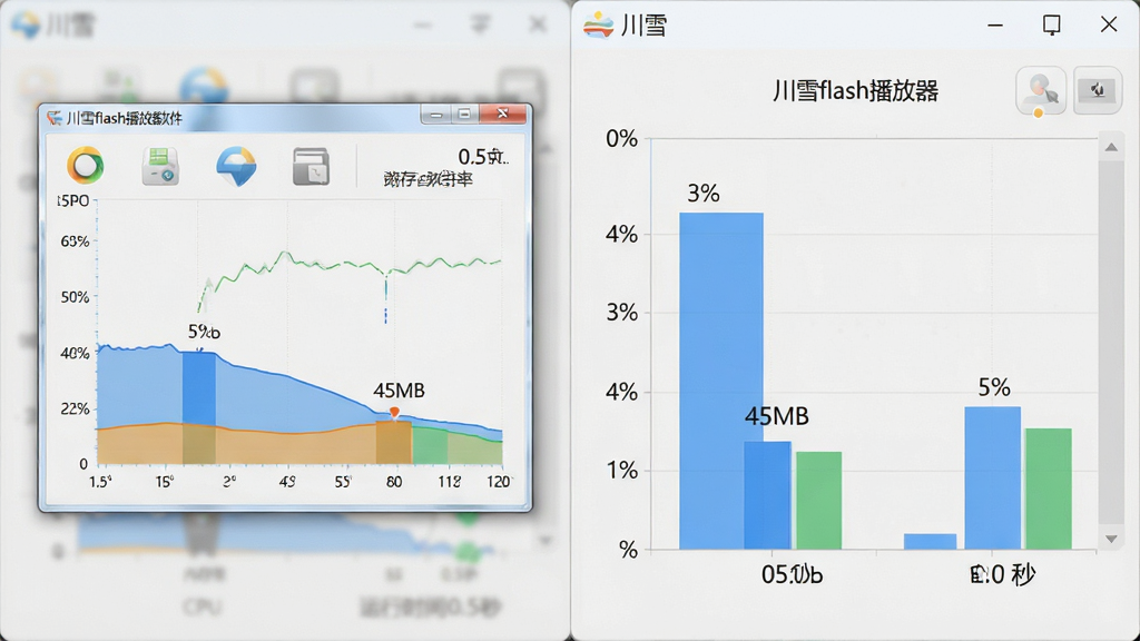 主体:川雪flash播放器软件的性能监控界面,显示CPU和内存占用率的图表。布局:界面分为左右两部分,左侧为软件主窗口缩略图,右侧为资源占用柱状图。排版:图表清晰,数据标签简洁,背景为浅灰色。风格:极简科技风,线条简洁,数据可视化。细节:图表显示CPU占用5%,内存占用45MB,运行时间0.5秒,文字“川雪flash播放器”出现在界面顶部。画质:高清晰度,图标精致,整体干净明亮。