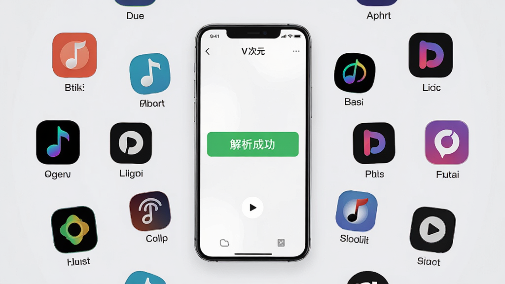 主体:一部智能手机正面展示V次元应用界面,屏幕上排列着多个知名音乐平台的图标。布局:手机居中,图标围绕手机呈圆形排列,每个图标下方标注平台名称。风格:简洁的UI设计风格,背景为浅灰色。细节:手机屏幕中显示“解析成功”的绿色提示字样。画质:高清,干净,无多余元素。