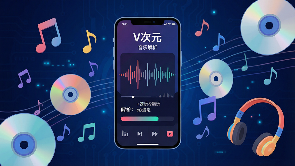 主体:一款名为“V次元”的手机应用界面悬浮在科技感十足的深蓝色背景中央,屏幕内显示着音乐波形与解析进度条。布局:应用界面为主体,周围环绕着音符、光盘、耳机等音乐元素,排版疏密有致。风格:现代扁平化设计风格,色彩鲜明,对比度高。细节:界面上的文字清晰显示“V次元”及“音乐解析”字样。画质:4K高清渲染,干净,无多余元素。
