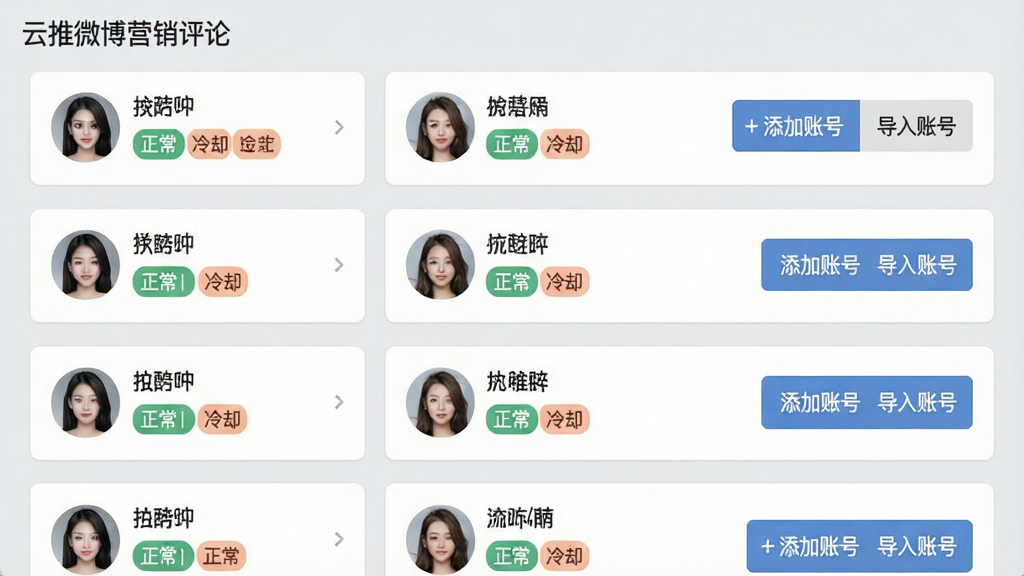 一张展示云推微博营销评论多账号管理界面的截图,界面中整齐排列多个微博账号卡片,每个卡片显示头像、昵称、状态标签(正常、冷却),右侧有“添加账号”“导入账号”按钮,背景淡灰色,扁平化设计,画质干净,文字标注“云推微博营销评论”
