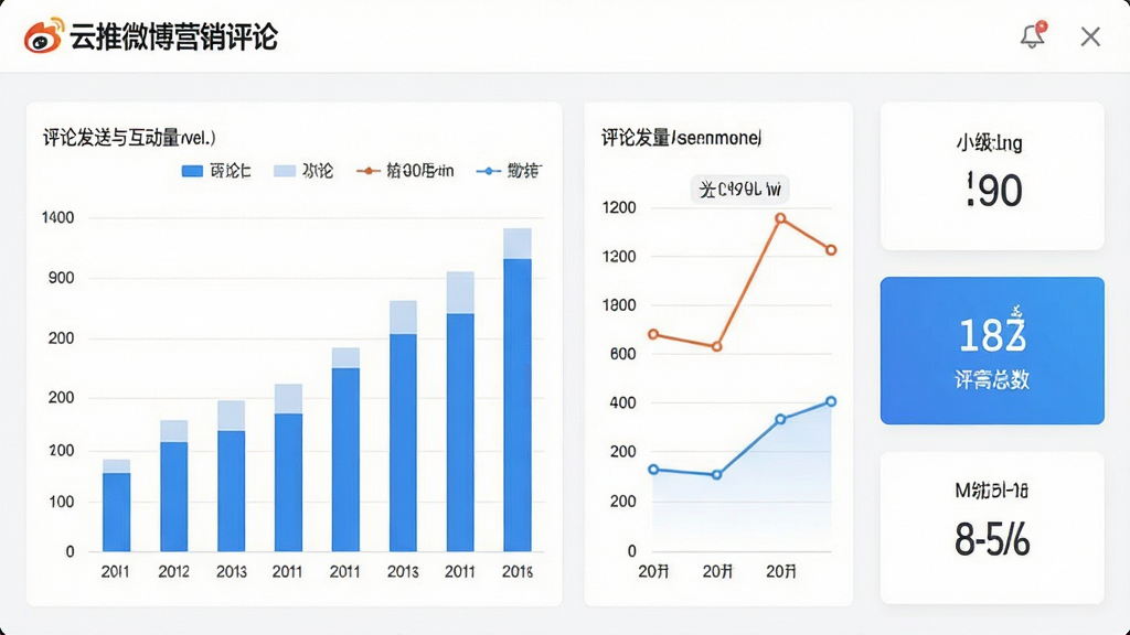 一张展示云推微博营销评论数据统计界面的截图,界面中有柱状图、折线图展示评论发送量与互动量趋势,旁边有数字卡片显示总数,风格商务简洁,背景白色,画质清晰,文字标注“云推微博营销评论”