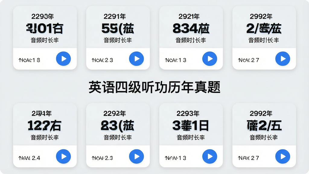 主体:英语四级听力真题列表页面,展示多套真题封面,每套封面标注年份和套数,中央显示“英语四级听力历年真题”字样。布局:网格状排列,每张卡片包含年份、音频时长和播放按钮。排版:卡片式布局,整齐有序。风格:清新简约,背景浅灰。细节:卡片圆角设计,播放按钮为蓝色,年份字体加粗。画质:高清,干净,无多余元素。