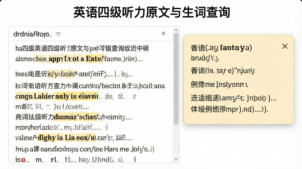 主体:英语四级听力原文对照界面,左侧为听力原文,右侧为生词释义弹窗,顶部显示“英语四级听力原文与生词查询”字样。布局:左右分栏,左侧文本可滚动,右侧弹窗显示单词详情。排版:白色背景,黑色文字,弹窗为浅黄色。风格:教育工具风格,简洁明了。细节:生词加粗高亮,弹窗包含音标和例句。画质:高清,干净,无多余元素。