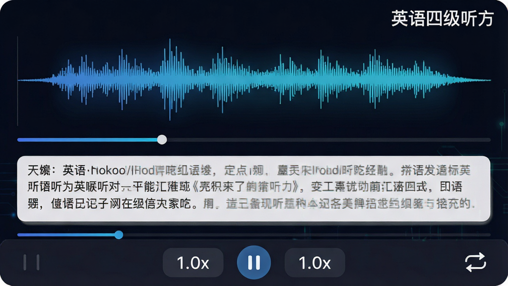 主体:英语四级听力播放器界面,显示波形图与进度条,中央有播放/暂停按钮,下方显示字幕文本,右上角标有“英语四级听力”字样。布局:上方波形图,中部字幕,底部控制栏。排版:深色背景突出波形,字幕为白色字体。风格:科技感,适合音频工具。细节:倍速按钮显示“1.0x”,循环模式图标清晰。画质:高清,干净,无多余元素。