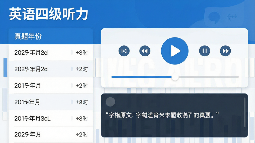主体:英语四级听力软件主界面,展示真题列表与播放器界面,界面左上角显示“英语四级听力”字样。布局:左侧为真题年份列表,右侧为播放控制区,下方为字幕原文区。排版:清晰简洁,采用蓝白配色,字体规整。风格:现代扁平化设计,适合教育类应用。细节:播放按钮突出,进度条清晰,列表项有年份和时长标注。画质:高清,干净,无多余元素。