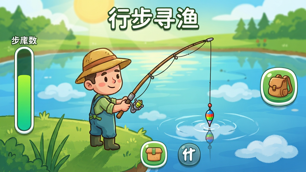主体:《行步寻渔》游戏主界面,一位卡通渔夫站在阳光明媚的湖边,手持鱼竿,水面泛起涟漪。布局:界面中央是钓鱼场景,左侧显示步数能量条,右侧为背包按钮,底部有任务图标。排版:UI图标简洁圆润,信息层级清晰,无多余文字。风格:清新卡通手绘风,色彩明快,绿色与蓝色为主调。细节:鱼竿顶端有彩色浮标,水面倒映着云朵,步数能量条呈绿色渐变。画质:高清细腻,干净无多余元素,游戏预览图。
