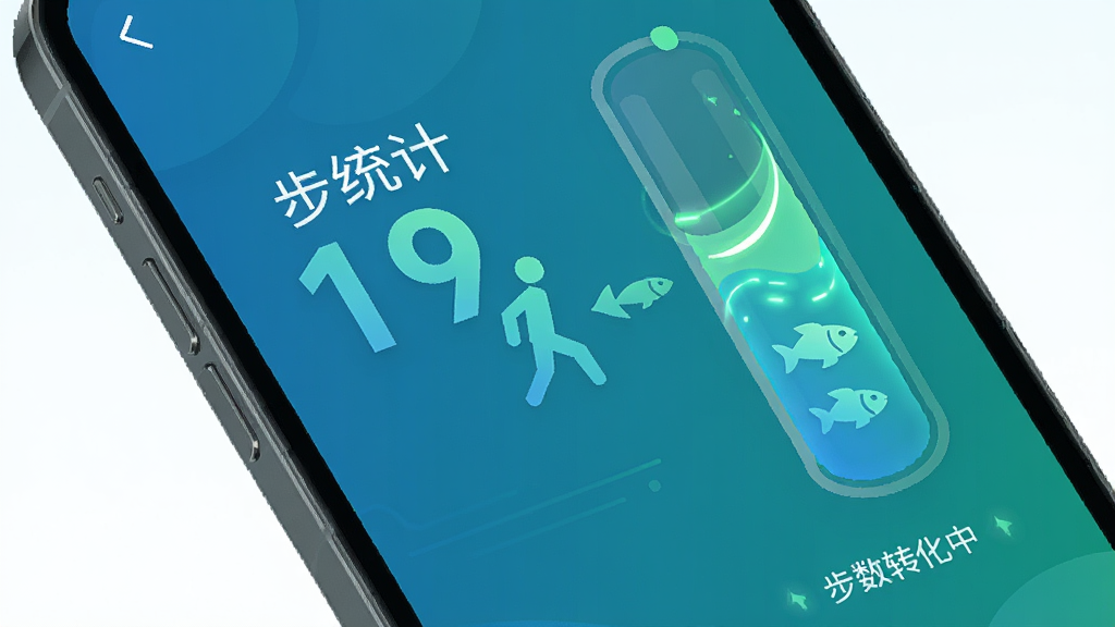 主体:手机屏幕显示步数转化界面,一个行走的人物图标指向鱼饵能量槽。布局:左侧为步数统计数字,右侧为能量槽逐渐填满。排版:数字采用大号粗体,能量槽有流动光效。风格:现代扁平化设计,蓝绿色科技感。细节:能量槽上有一条小鱼图标,底部有“步数转化中”字样。画质:高清,界面干净,无多余元素,《行步寻渔》功能预览图。