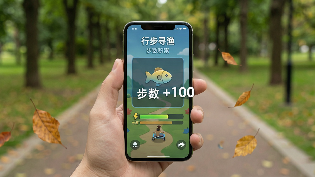 主体:玩家手持手机在户外公园散步,手机屏幕显示《行步寻渔》游戏步数积累界面。布局:前景为手机特写,背景为模糊的绿树小径。排版:手机屏幕居中,有“步数+100”的浮动文字。风格:写实摄影风格,光线自然。细节:手机屏幕上有鱼形图标和能量条,周围有落叶。画质:高清,干净无多余元素,《行步寻渔》使用场景预览图。