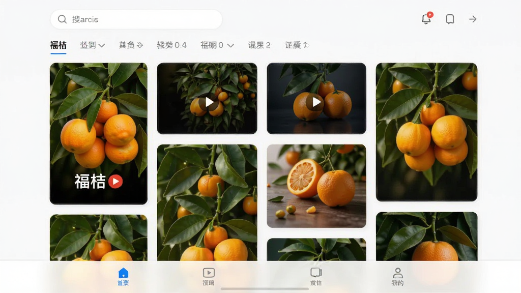 福桔视频主界面预览图,展示高清视频海报墙,界面简洁明亮,采用瀑布流布局,顶部有搜索框和分类导航栏,底部为功能标签栏,整体风格现代且富有科技感,画质清晰,干净无多余元素