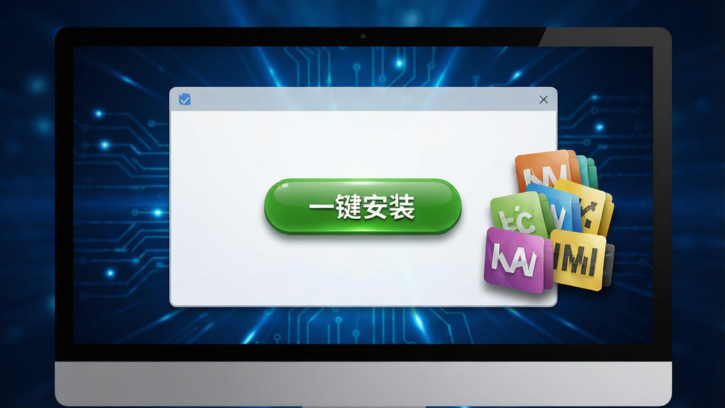主体为电脑屏幕前一个简洁的安装界面,界面上有“一键安装”绿色按钮,旁边堆叠着多个彩色图标代表不同运行库组件,背景为深蓝色科技感光效,布局居中,排版清爽,风格写实,细节包括按钮高光和图标阴影,画质4K高清,干净无多余元素