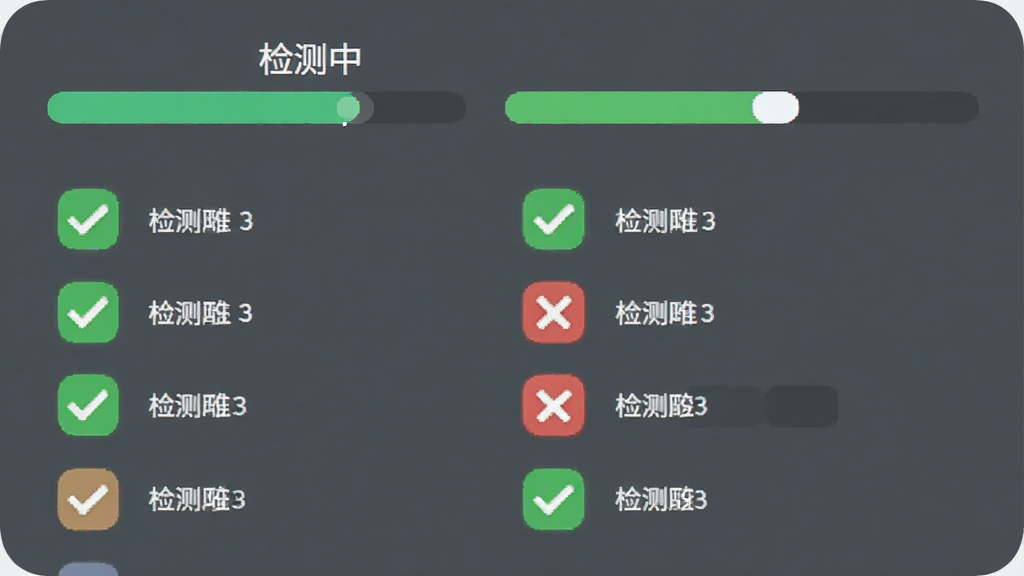 主体为一个扫描进度条界面,进度条上带有“检测中”字样,旁边列出绿色勾选和红色叉号的组件列表,布局为左侧列表右侧进度条,排版简洁,风格扁平化,细节包括图标圆角设计,画质清晰干净无多余元素