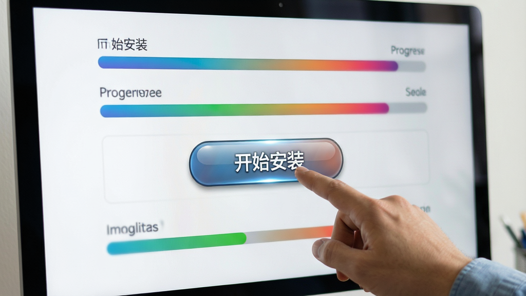 主体为一位用户正在点击“开始安装”按钮,屏幕上显示多个组件安装进度条,布局为电脑屏幕特写,排版居中,风格写实,细节包括按钮高光和进度条颜色渐变,画质高清干净无多余元素