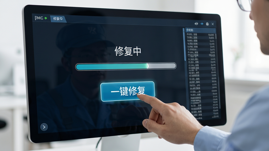 主体:操作人员点击“一键修复”按钮,屏幕显示修复进度条。布局:人员手部特写,电脑屏幕占据画面主要位置。排版:按钮醒目,进度条清晰。风格:写实,专业,明亮。细节:屏幕上有“修复中”状态,数据在滚动。画质:高清,干净,无多余元素。[[IMG:启动菜单自动修复工具一键修复功能预览图