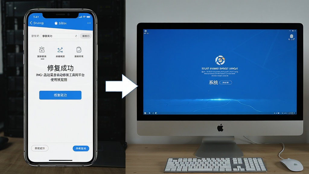 主体:手机屏幕显示软件运行界面,旁边是电脑屏幕,两者对比。布局:手机在左,电脑在右,中间有箭头连接。排版:界面截图清晰,操作按钮可见。风格:写实,对比明显。细节:手机屏幕显示“修复成功”,电脑屏幕显示系统启动画面。画质:高清,干净,无多余元素。[[IMG:启动菜单自动修复工具跨平台使用预览图