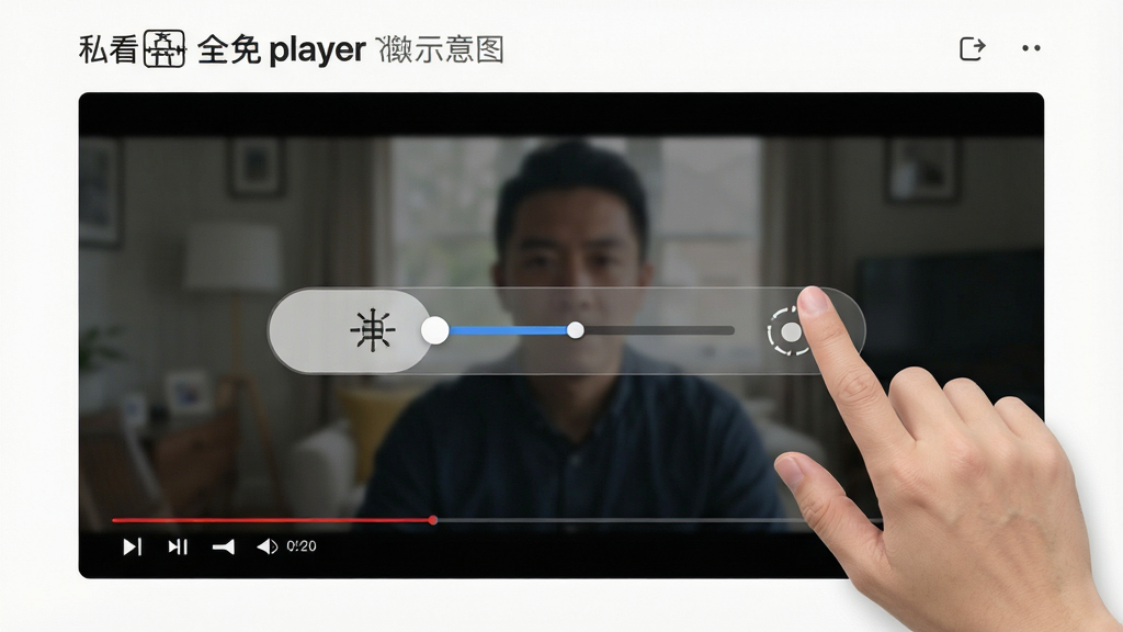 私看全免player播放界面操作示意图,显示手势滑动调节亮度音量,界面透明指示线,背景为视频画面,画质高清,干净无多余元素