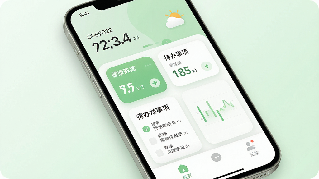 一幅展示祝余APP核心功能的宣传预览图,主体为智能手机屏幕界面,布局清晰,上方显示日期与天气,中部为健康数据卡片与待办事项列表,下方为功能导航栏,整体风格简约清新,采用淡绿色与白色为主色调,细节包含圆角卡片与柔和阴影,画质高清干净,无多余元素