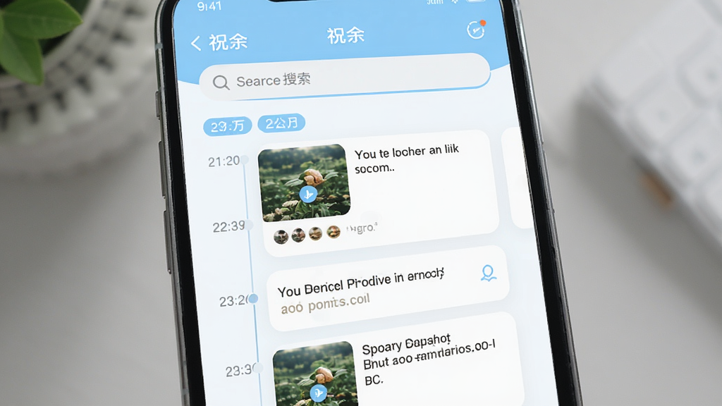 展示祝余APP智能记录功能的界面截图,主体为手机屏幕,布局为时间线样式,包含图片与文字混合的记录卡片,排版整齐,风格简约,色彩清新以浅蓝和白色为主,细节有日期分组标签与搜索栏,画质干净,无多余元素