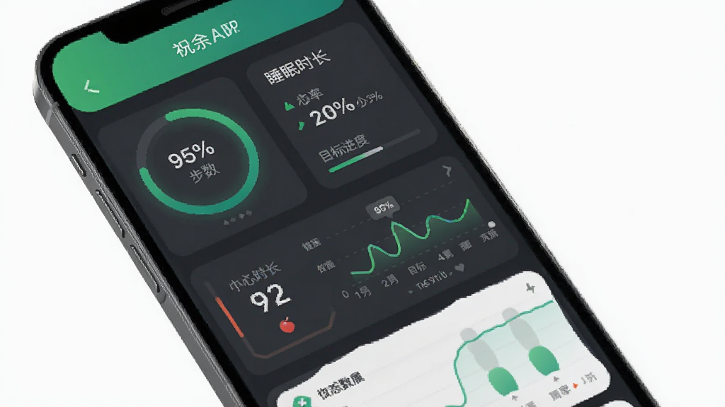 展示祝余APP健康数据管理功能的界面,主体为手机屏幕,布局为数据仪表盘样式,包含步数、睡眠时长、心率等圆形进度环与折线图,排版清晰,风格现代,以绿色和深灰色为主,细节有目标进度条与周对比数据,画质高清,无多余元素
