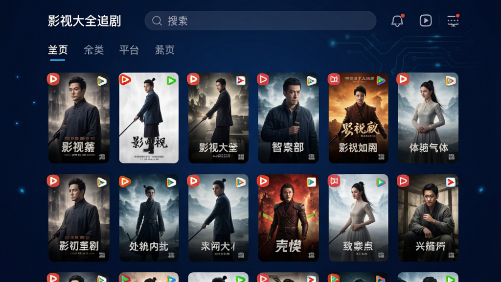 主体为“影视大全追剧”应用的全平台聚合界面,屏幕上以网格形式展示来自不同视频平台的海报缩略图,每个海报角落带有平台小标识。界面顶部有搜索框和分类标签,背景为深蓝色科技感渐变。布局采用左右对称排版,风格现代简约,细节包括海报光影和文字标签,画质细腻干净,无多余元素。