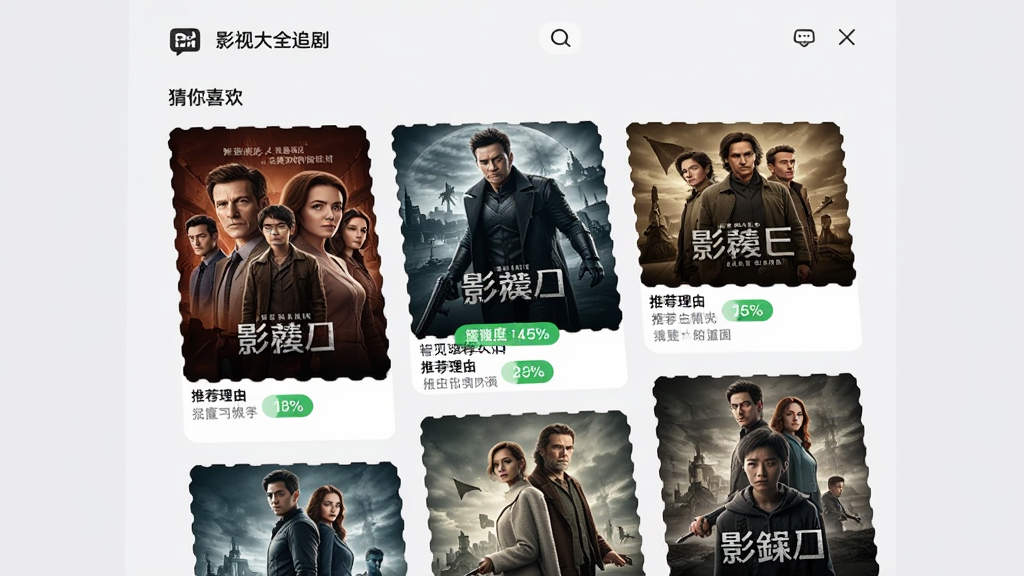 主体为“影视大全追剧”应用的智能推荐页面,屏幕上展示“猜你喜欢”栏目,包含多部推荐的影视剧海报及匹配度百分比。界面布局采用瀑布流形式,背景为浅灰色,风格清新简洁。细节包括海报上的标题文字和推荐理由标签,画质清晰干净,无多余元素。
