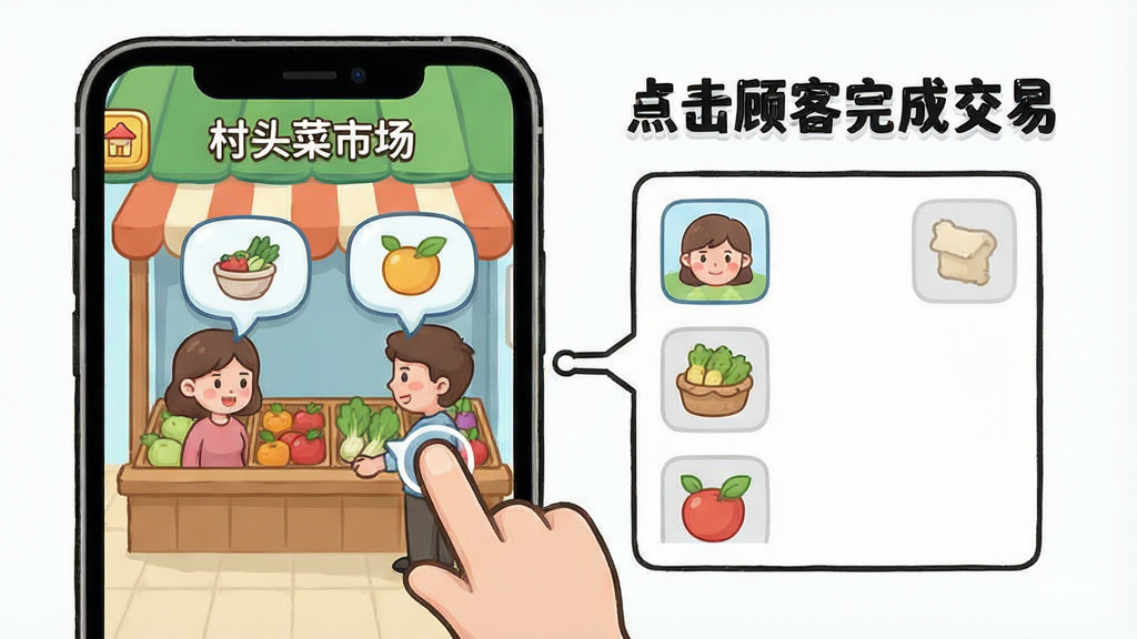 操作教程示意图,画面展示手机屏幕上的“村头菜市场”游戏界面,手指点击顾客头顶气泡,旁边弹出商品选择列表,界面干净清晰,标注“点击顾客完成交易”文字,卡通风格,画质干净,无多余元素