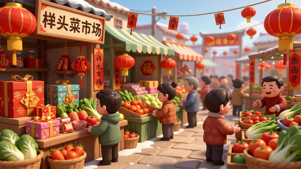 游戏节日活动场景图,画面是“村头菜市场”在春节前夕张灯结彩,摊位上摆满年货礼盒和新鲜果蔬,顾客络绎不绝,背景有红灯笼和春联,整体喜庆热闹,卡通渲染风格,画面明亮,细节丰富,画质干净,无多余元素