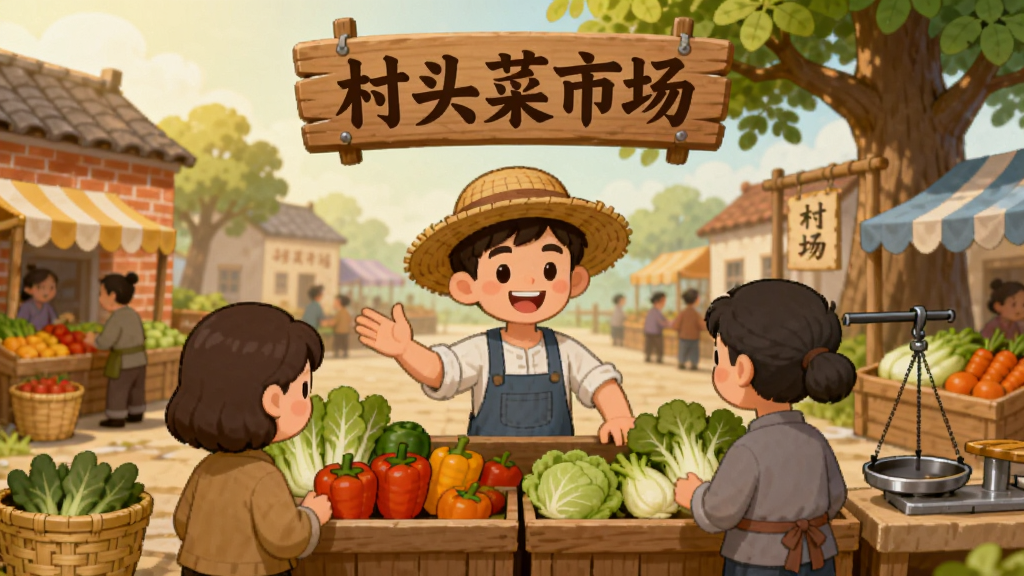 一幅充满乡村集市氛围的横版游戏宣传图,画面中央是戴草帽的年轻摊主站在摆满新鲜蔬菜的摊位后,热情招呼顾客,背景是热闹的村头集市,挂着“村头菜市场”木质招牌,红砖房、老槐树、竹筐、杆秤等元素点缀,暖黄色阳光洒落,整体画风清新卡通,构图饱满,细节丰富,画质干净,无多余元素
