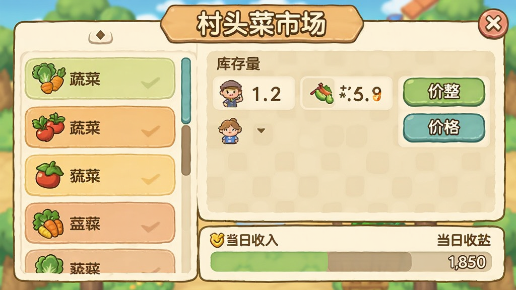 游戏内经营界面截图,展示“村头菜市场”的摊位管理面板,左侧是蔬菜水果分类列表,右侧是库存数量和价格调整按钮,下方是当日收入统计条,界面简洁清晰,卡通风格,色彩明亮,标注“村头菜市场”字样,画质干净,无多余元素