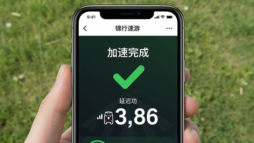 主体:锦行速游在手机上运行的截图,显示加速成功的界面。布局:手机竖屏,界面清晰,延迟数字显眼。排版:屏幕上有“加速完成”和延迟数值,背景为绿色对勾。风格:简洁、明亮。细节:网络信号满格,电量充足。画质:高清,干净,无多余元素。