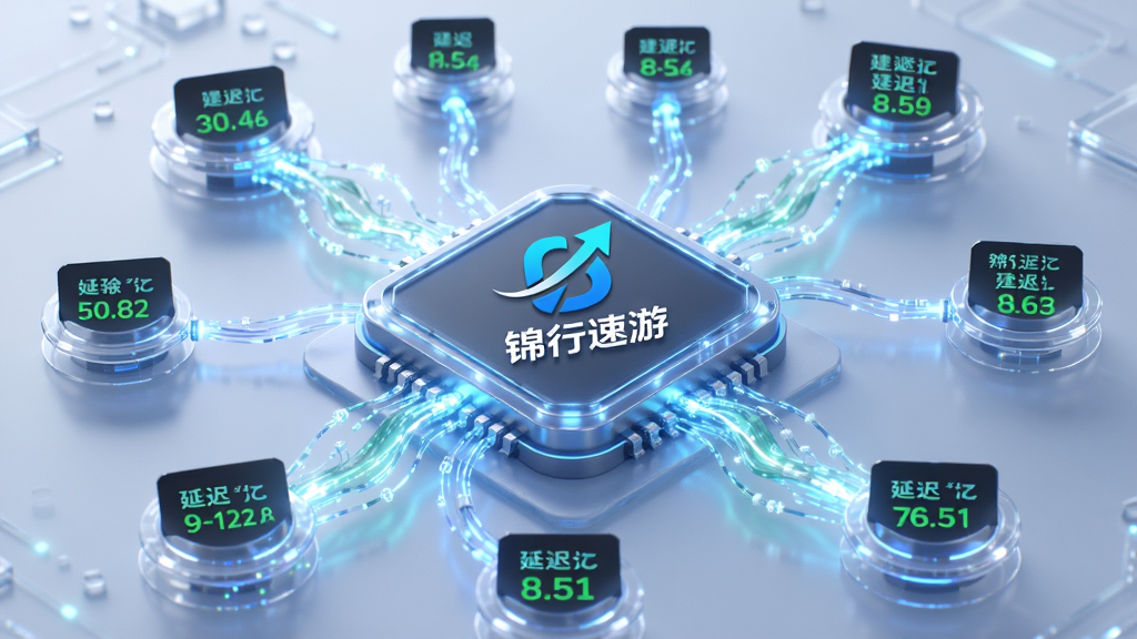主体:智能加速引擎示意图,以网络节点图形式展现。布局:中央为“锦行速游”标志,四周连接多个网络节点,线条明亮。排版:节点上有延迟数值,均为绿色低延迟。风格:科技感、抽象、立体。细节:数据流动的光效,整体明亮通透。画质:高清晰度,干净,无多余元素。