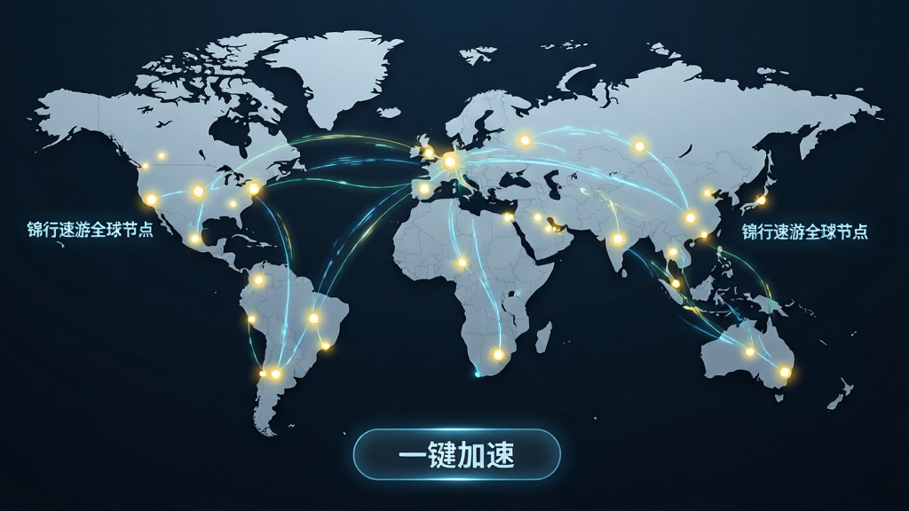 主体:世界地图上分布着多个发光节点,标注“锦行速游全球节点”。布局:地图居中,节点用亮色标记,连接线形成网状。排版:地图下方有“一键加速”按钮。风格:简约、科技感。细节:节点闪烁,线条流动。画质:高清,干净,无多余元素。