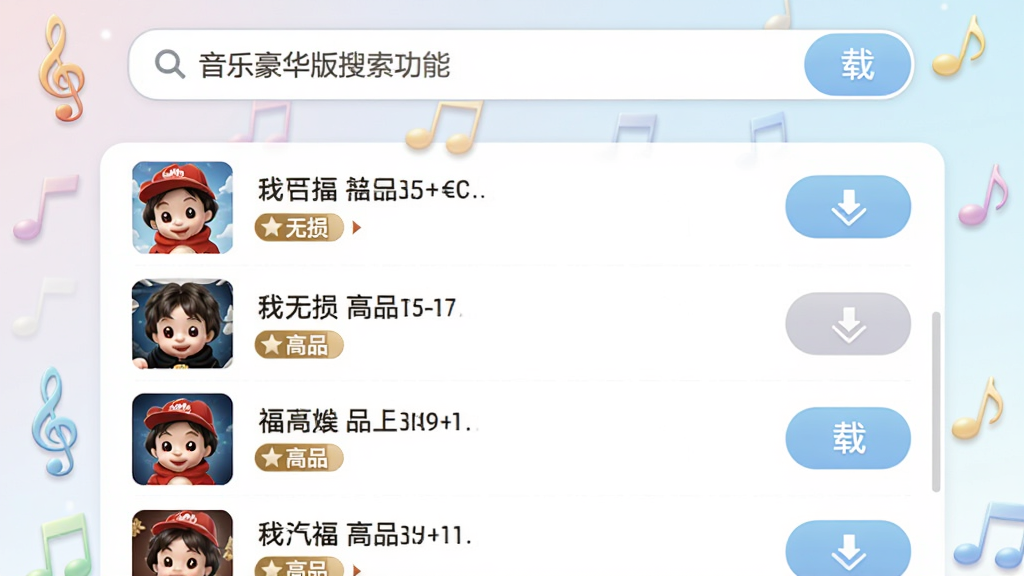 福娃下载 音乐豪华版搜索功能截图,上方为搜索输入框,下方展示多首歌曲列表,每首歌曲旁标注音质徽章如“无损”“高品”,右侧为下载按钮,界面明亮清晰,色彩柔和,音乐符号点缀,画质细腻