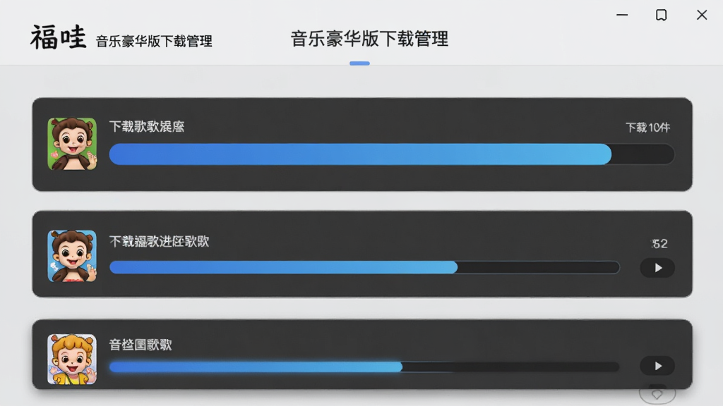 福娃下载 音乐豪华版下载管理页面,显示多首歌曲下载进度条,其中一首已完成,另一首正在下载中,界面采用卡片式布局,进度条为蓝色渐变,背景为浅灰色,整体风格清爽,细节丰富,画质干净