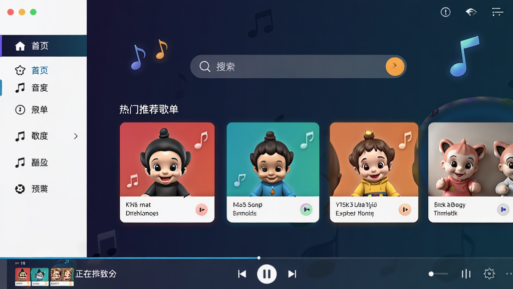福娃下载 音乐豪华版主界面预览图,展示深色渐变背景,中央为搜索框与热门推荐歌单卡片,左侧为分类导航栏,底部为正在播放的迷你控制条,整体风格现代简约,音乐元素点缀,画质高清干净,无多余文字