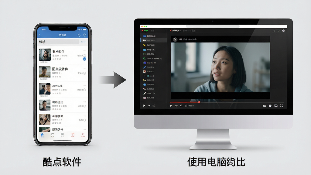 主体:酷点软件在手机和电脑上的使用场景对比图。布局:左侧为手机竖屏界面,右侧为电脑横屏界面。排版:两台设备并排,中间用箭头连接,下方有文字说明。风格:写实风格,背景为浅灰色,突出设备与界面。细节:手机界面显示歌单列表,电脑界面显示视频播放画面,画面干净无多余元素。画质:高清,细节丰富,真实感强。