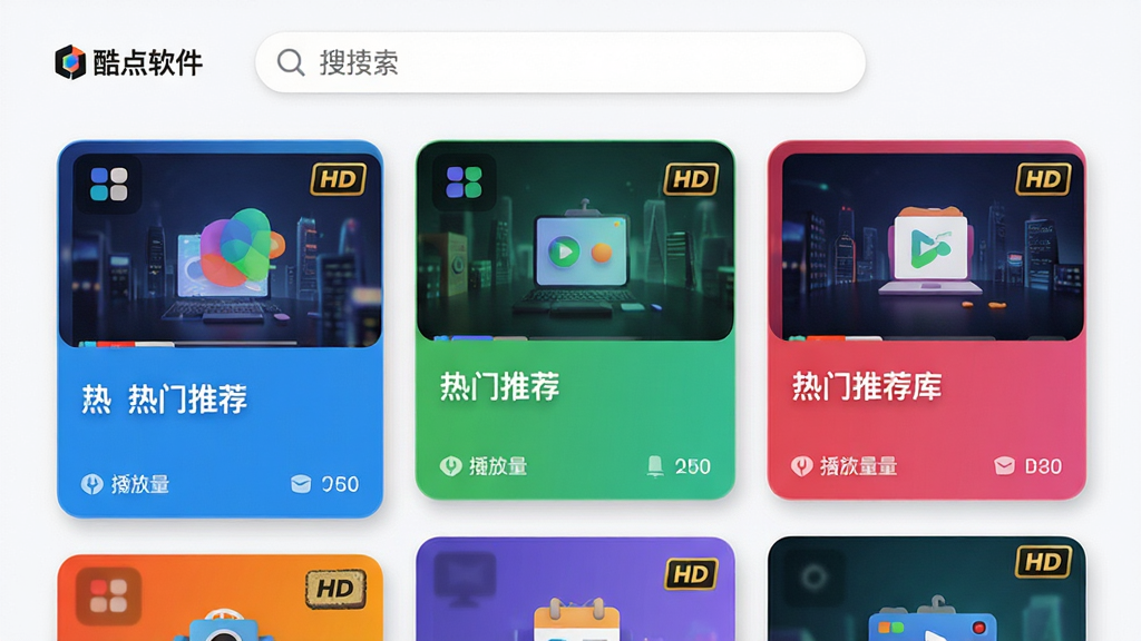 主体:酷点软件的资源库界面,展示分类图标与热门推荐。布局:顶部为搜索框,下方为瀑布流式卡片布局。排版:封面图与标题上下排列,整齐有序。风格:鲜艳的卡片配色,搭配柔和阴影,视觉层次丰富。细节:封面图上带有