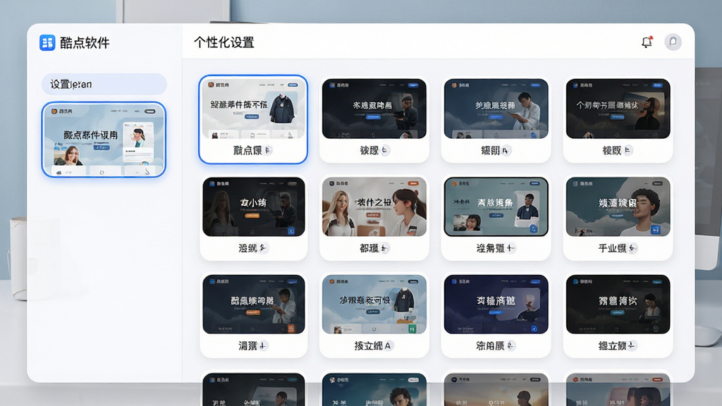 主体:酷点软件的个性化设置页面,展示多款皮肤缩略图。布局:左侧为设置选项,右侧为皮肤预览大图。排版:皮肤以宫格形式排列,每款下方标注名称。风格:简洁的浅色背景,圆角卡片设计,柔和舒适。细节:当前选中皮肤带有蓝色描边,界面干净无多余元素。画质:高清,细节清晰,色彩自然。