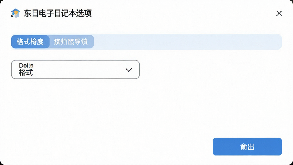 东日电子日记本的导出选项界面,有格式选择下拉框和导出按钮,界面简洁明了,背景为白色,现代化风格,画质干净,无多余元素