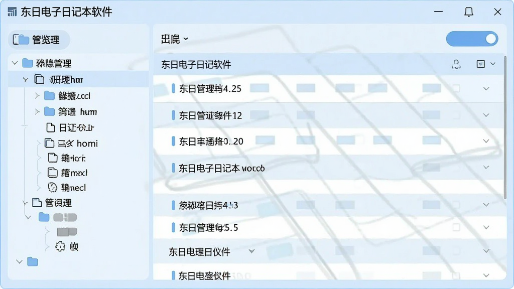 东日电子日记本软件的分类管理界面预览图,左侧为树状目录,右侧显示日记列表,现代简洁界面,浅蓝色背景,排版整齐,画质清晰,无多余元素