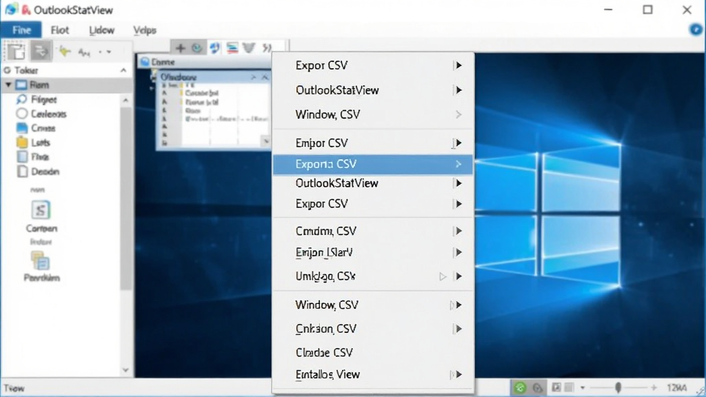 OutlookStatView 软件运行在 Windows 桌面,导出 CSV 文件的右键菜单截图,菜单项高亮显示,背景为软件主窗口,风格清晰,画质干净