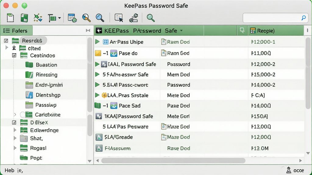 一张展示KeePass Password Safe主界面的高清截图,左侧为分组树状列表,右侧为密码条目表格,顶部有工具栏按钮,界面风格简洁清爽,绿色主题色调,窗口布局规整,细节清晰,画质干净无多余元素