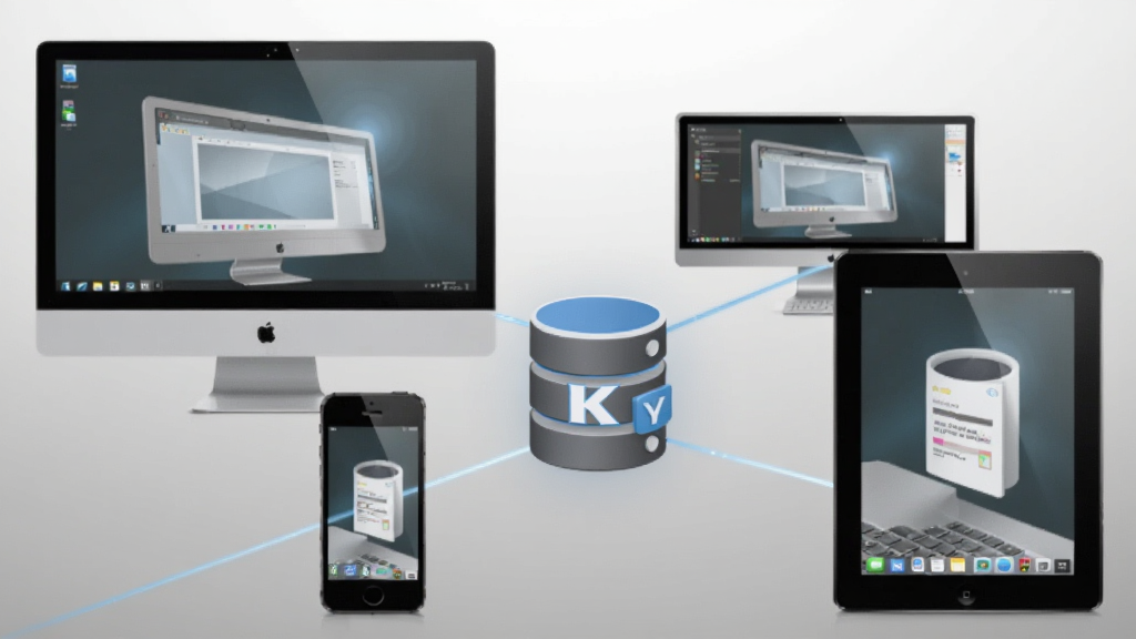 一张展示KeePass Password Safe在不同设备间同步的示意图,主体为多台设备(电脑、手机、平板)围绕中央数据库图标,设备间有光线连接,背景为浅灰色渐变,排版采用环绕式布局,风格现代简约,细节精致,画质干净无多余元素