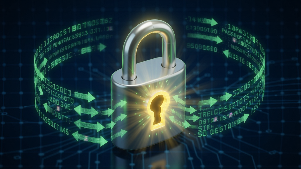 一张展示KeePass Password Safe加密过程的示意图,主体为加密锁图标与数据流线条,背景为深蓝色科技感网格,锁头发出金色光芒,数据流呈绿色箭头环绕,排版居中,风格写实,细节丰富,画质清晰无多余元素