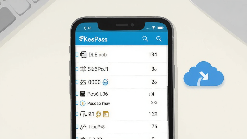 一张展示KeePass Password Safe手机端操作界面的示意图,主体为智能手机屏幕显示密码列表,背景为浅色桌面,手机旁有云同步图标,排版居中,风格清新,细节清晰,画质干净无多余元素