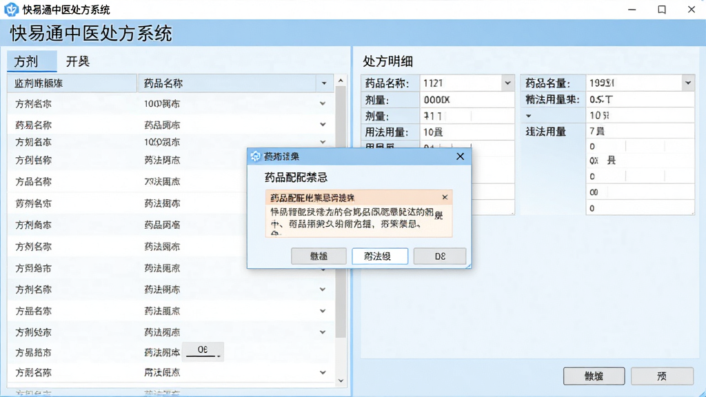 画面主体为“快易通中医处方系统”的智能处方开具界面,左侧为方剂列表,右侧为处方明细,药品名称、剂量、用法用量清晰标注;整体布局为软件截图风格,界面以浅蓝色和白色为主色调,排版整齐,细节处显示药品配伍禁忌提示弹窗,画质清晰,干净无多余元素