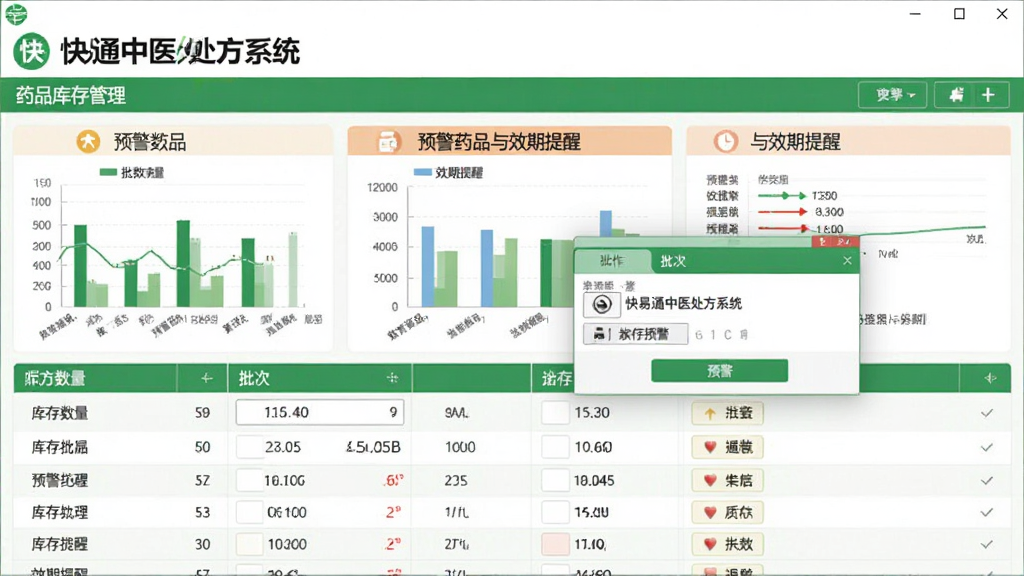 画面主体为“快易通中医处方系统”的药品库存管理界面,以图表形式展示库存数量、预警药品与效期提醒;整体布局为软件截图风格,以绿色和白色为主色调,排版直观,细节显示库存列表、批次信息及预警弹窗,画质清晰,干净无多余元素