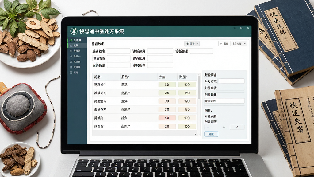 画面主体为“快易通中医处方系统”软件界面在笔记本电脑屏幕上的特写,屏幕中清晰显示中药处方编辑页面,包含患者姓名、诊断结果、药品列表及剂量调整区域;整体布局为电脑屏幕居中,周围辅以中医元素如草药、脉枕、古医书;排版干净利落,界面截图风格清晰,细节丰富,画面质量高,干净无多余元素