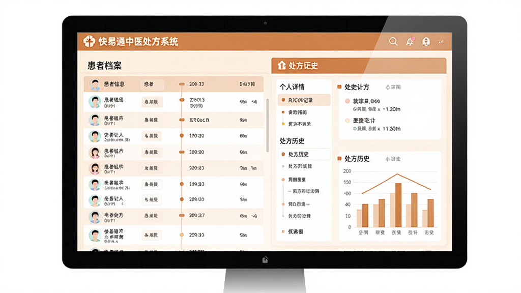 画面主体为“快易通中医处方系统”的患者档案管理界面,展示患者列表及个人详情页,包含就诊记录时间线、处方历史图表;布局为电脑屏幕截图样式,界面采用暖色调,排版清晰,细节显示患者基本信息字段及历史处方记录,画质高,干净无多余元素