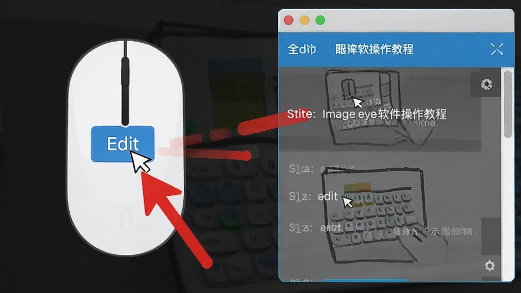 Image eye软件操作教程示意图,展示鼠标点击编辑按钮和右侧编辑面板的步骤,配有红色箭头指示,风格简洁,画质清晰,干净无多余元素