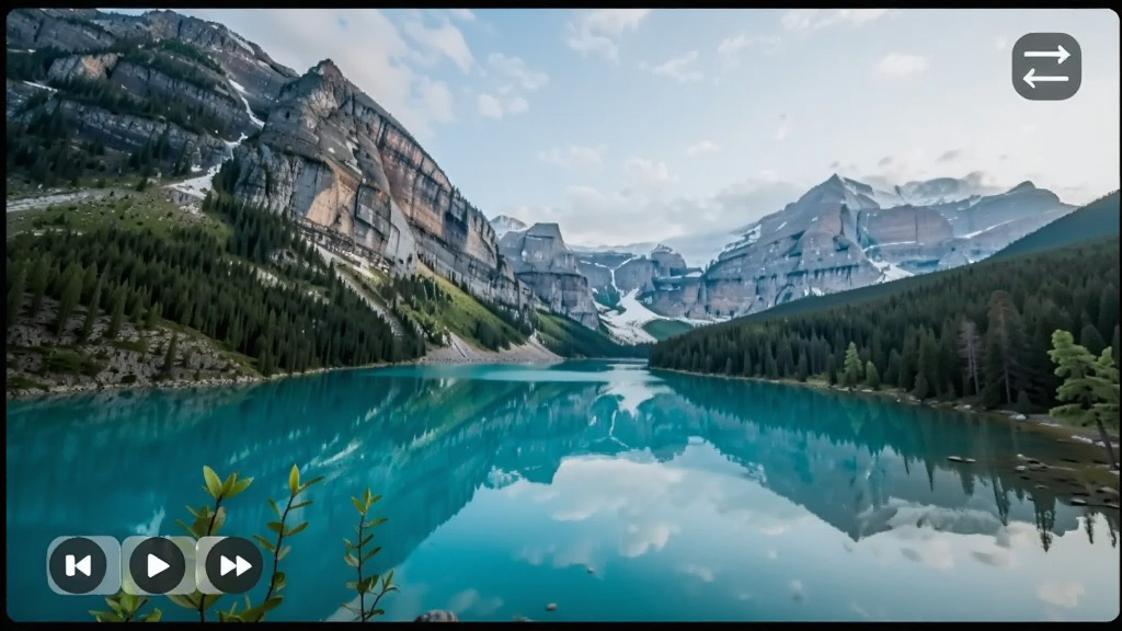 Image eye幻灯片放映模式效果图,屏幕上展示一张自然风光照片,左下角有播放控制按钮,右上角显示切换效果图标,整体氛围轻松愉悦,画面干净,无多余元素